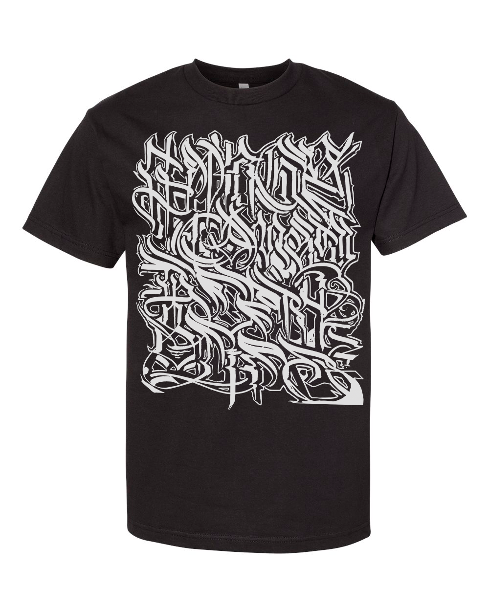 Black tee with all-over white lettering