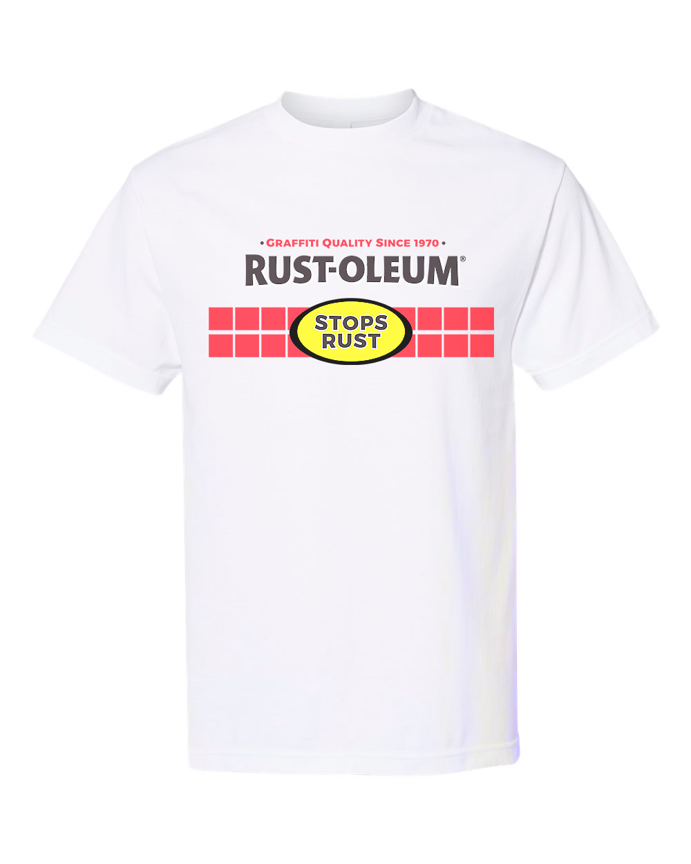 White tee with red and yellow badge graphic