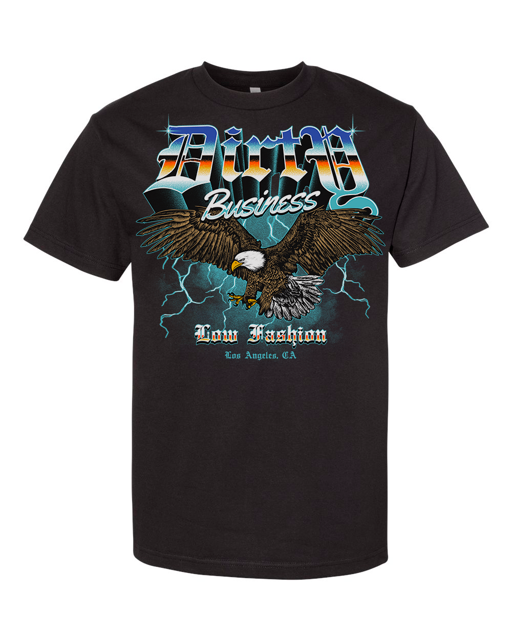 Black tee with multi-colour eagle graphic