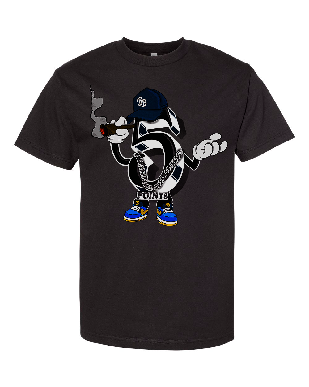 Black tee with character illustration