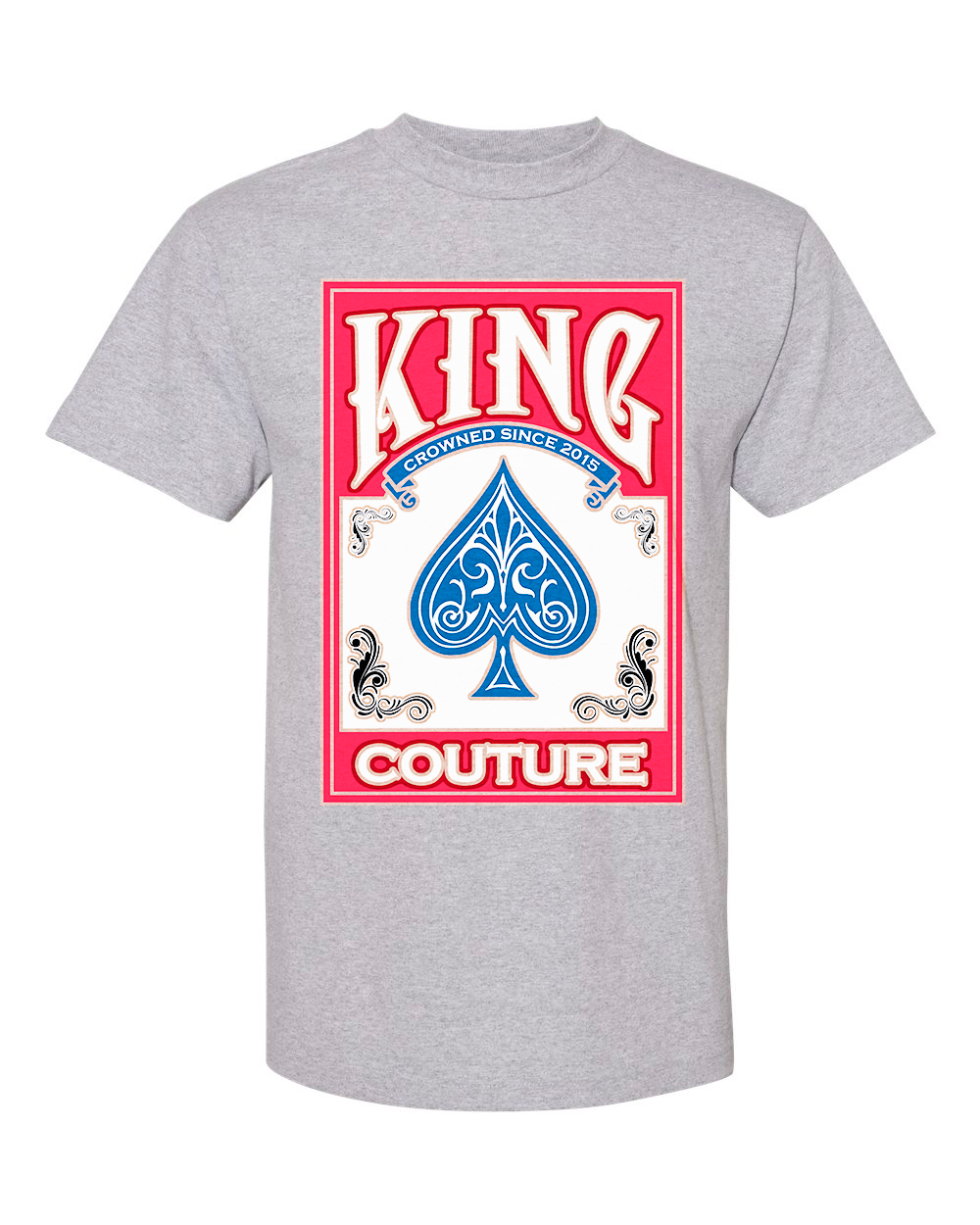 Heather tee with King Couture card graphic